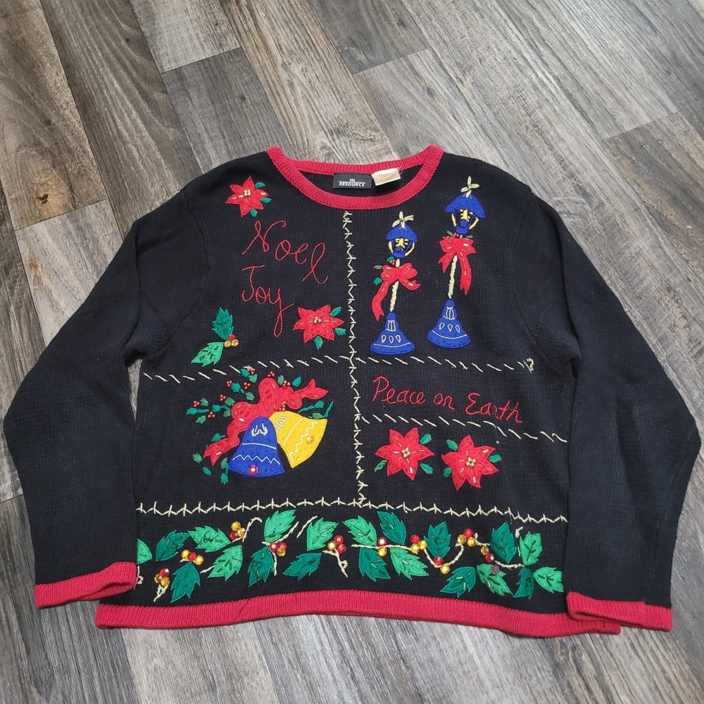 VTG In Resource Black/Red Sweater Embroidered Beaded XL Noel Peace On Earth